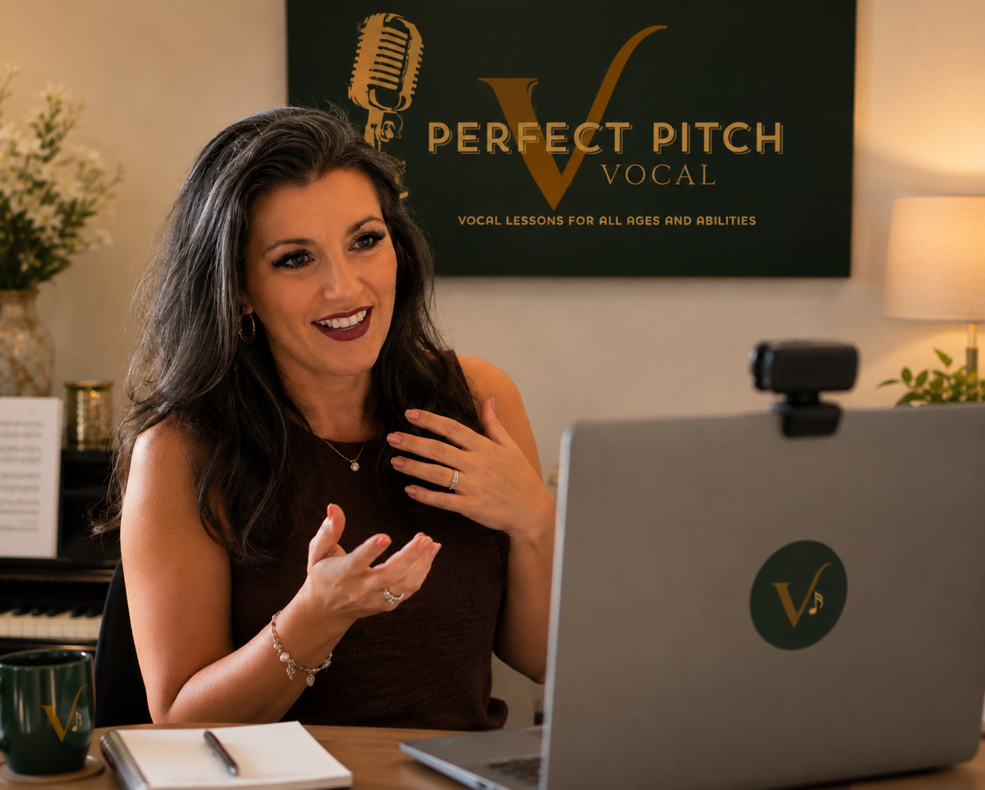 Natalie giving an online vocal lesson from her home studio