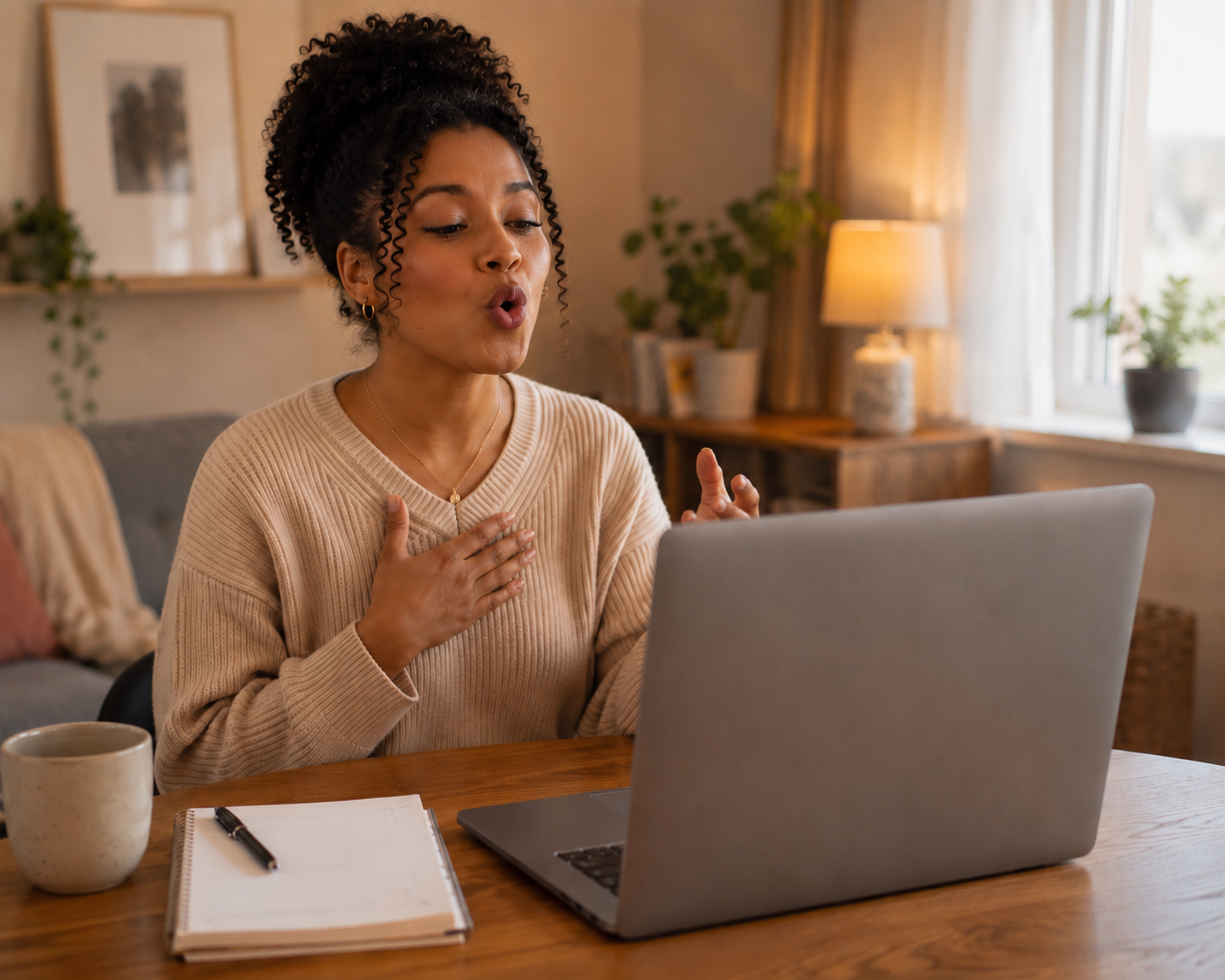 Student receiving an online vocal lesson at a laptop